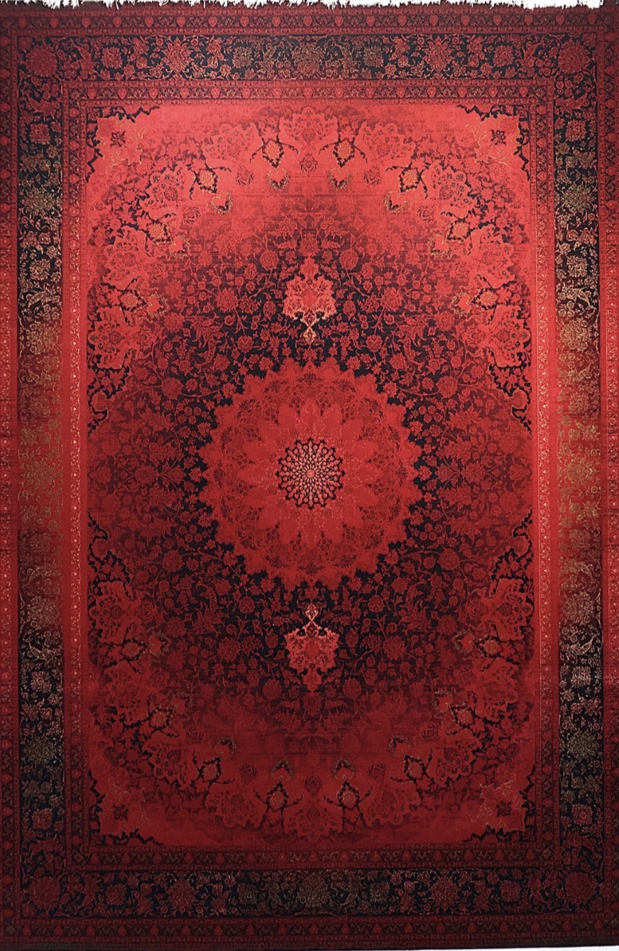 فرش ۷۰۰ شانه ۹ متری کاشان لاکی ارغوانی طرح اطلسی khan