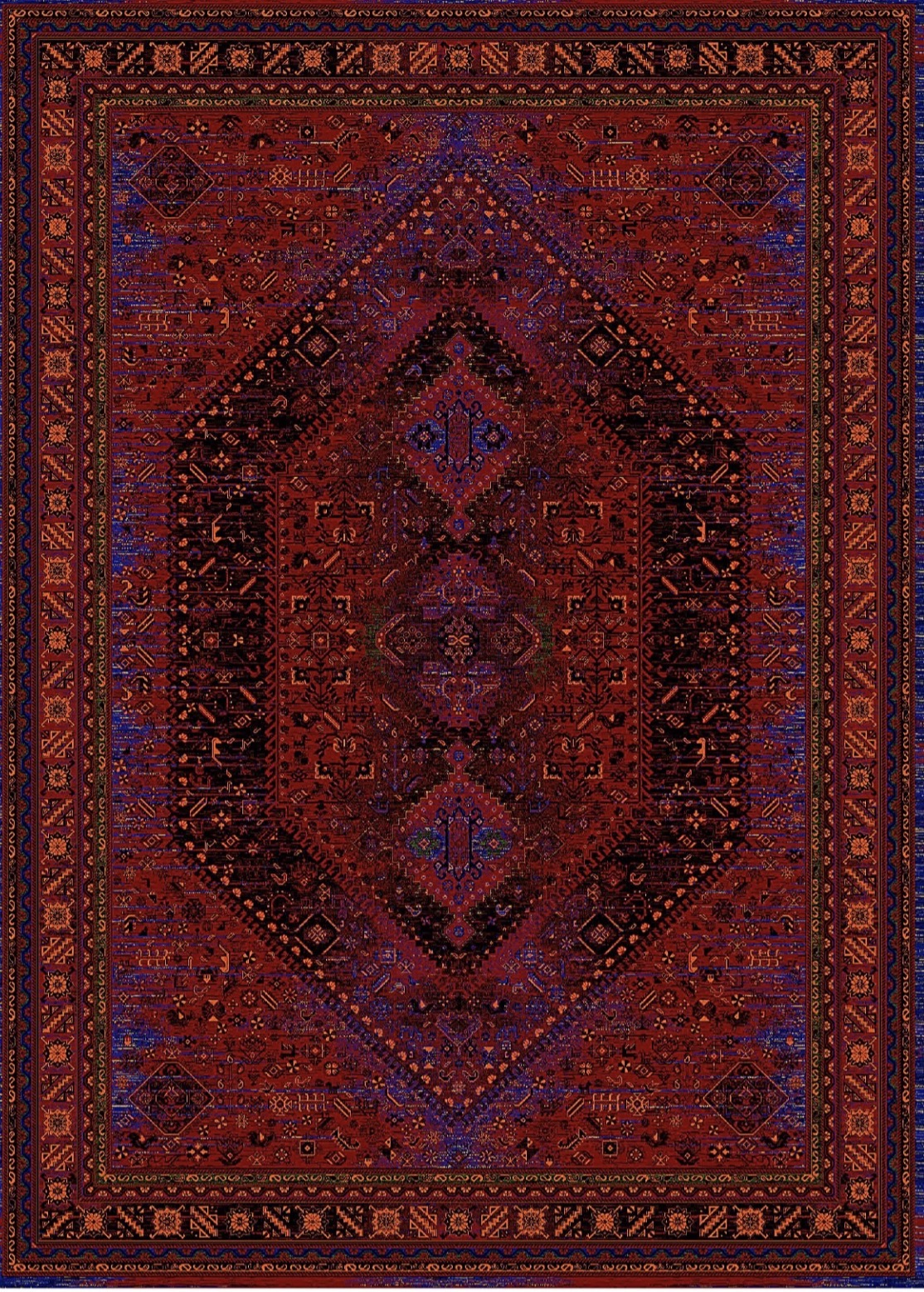 فرش ۷۰۰ شانه ۶ متری کاشان لاکی ارغوانی طرح بختیاری khan