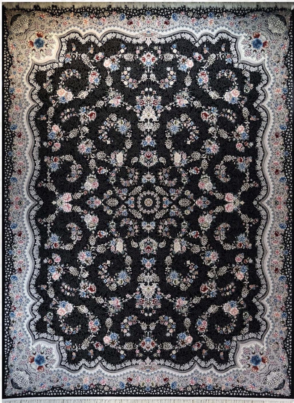 فرش ۷۰۰ شانه ۹ متری کاشان رنگ سرمه ای طرح افشان رها khan