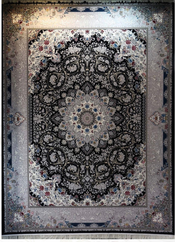 فرش ۷۰۰ شانه ۹ متری کاشان رنگ سرمه ای طرح شاهانه khan