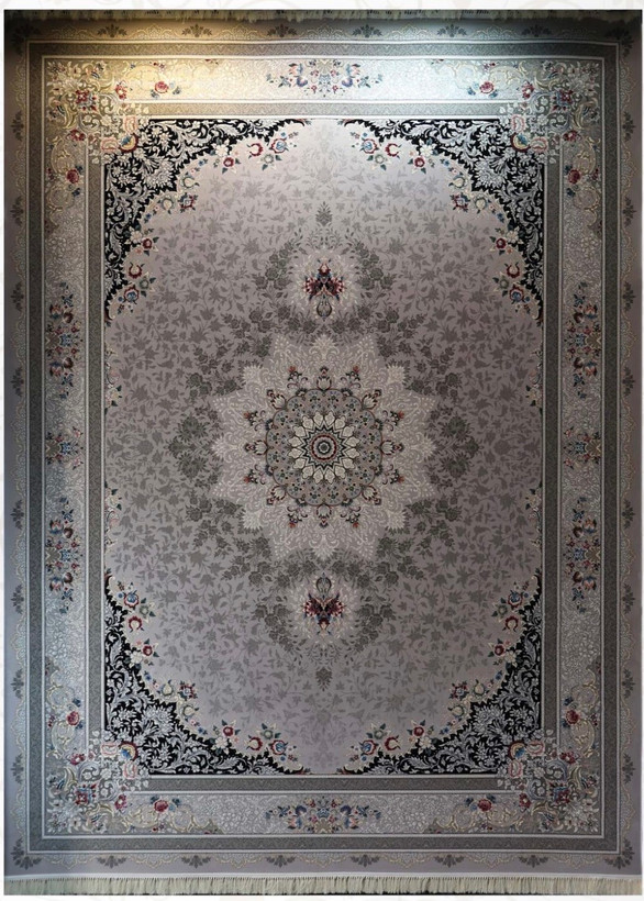 فرش ۷۰۰ شانه 12 متری کاشان رنگ نقره ای طرح کایرا khan
