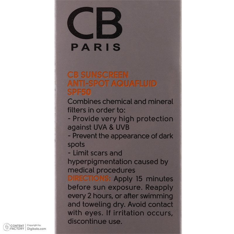 فلوئید ضد آفتاب بدون رنگ سی بی پاریس spf50 مدل Anti-Spot محافظ UVA،UVB مناسب پوست های حساس و آکنهدار حجم 40 میلی لیتر
