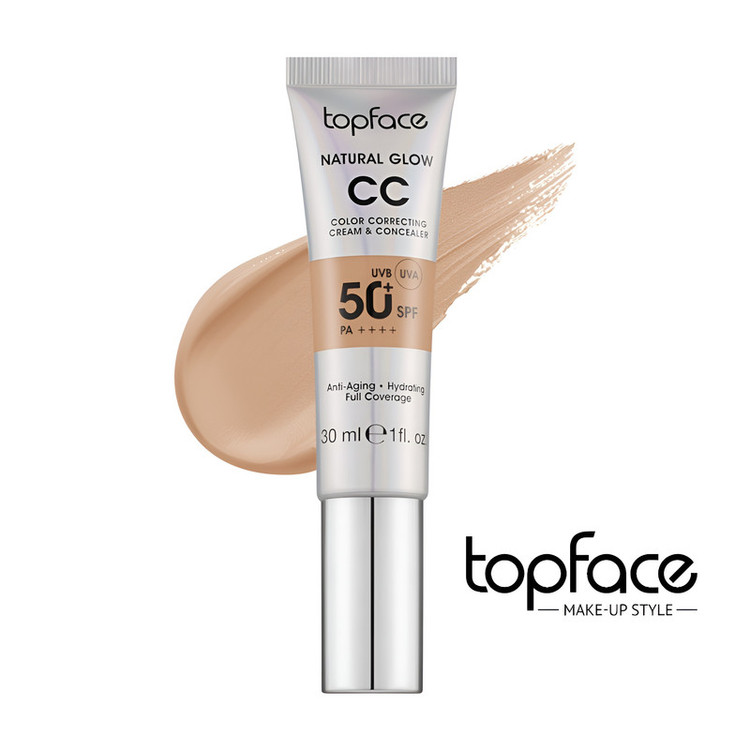 کرم پودر CC مایع +SPF50 تاپ فیس مدل NATURAL GLOW شماره 006 مناسب برای انواع پوست حجم 30 میلی لیتر
