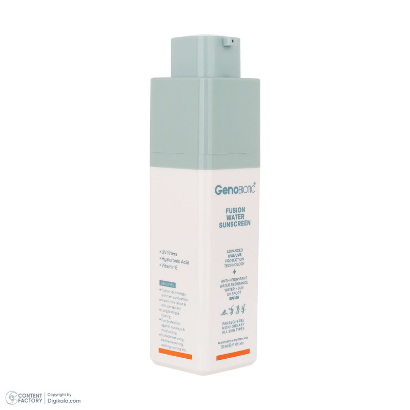 کرم ضدآفتاب بیرنگ ژنوبایوتیک، مدل Fusion water، حاوی محافظ UVA ،UVB، ضدآب، فاقد چربی، بدون پارابن، حاوی ویتامین E و هیالورونیک اسید مناسب انواع پوست، حجم 30 میلیلیتر