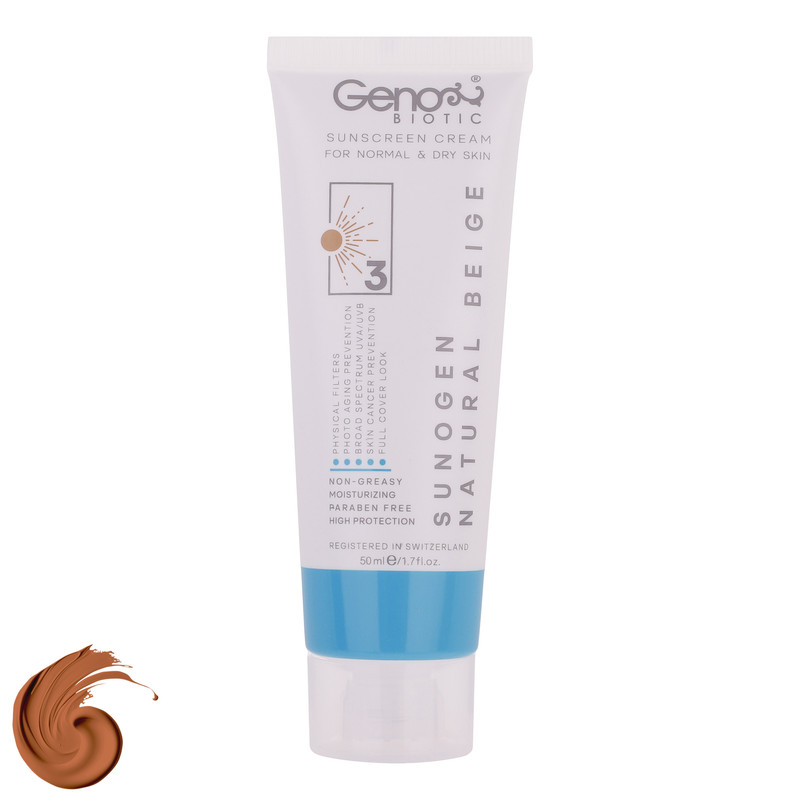کرم ضدآفتاب رنگی ژنوبایوتیک SPF50 مدل NBD3، مناسب پوستهای خشک و معمولی، حجم 50 میلیلیتر