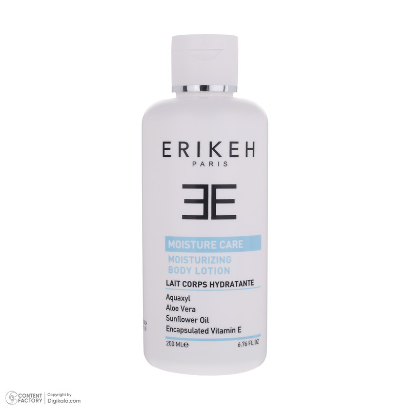لوسیون مرطوب کننده بدن اریکه مدل Moisturizing Care حجم 200 میلیلیتر، حاوی عصاره آلوئهورا و ویتامین E، جذب سریع، آبرسانی قوی، مناسب انواع پوست