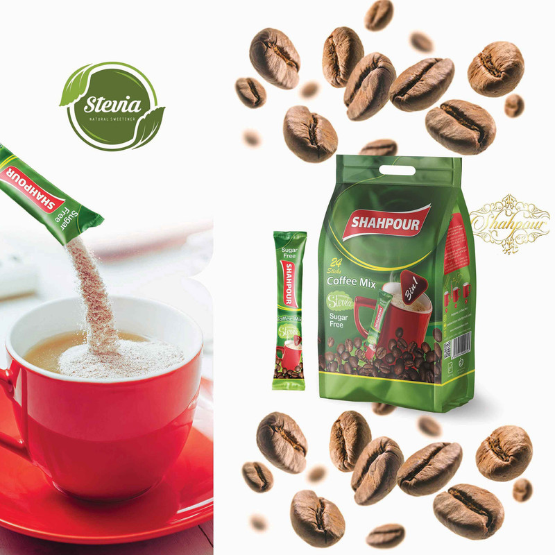 کافی میکس با شیرین کننده استویا 3x1 شاهپور بسته 24 عددی