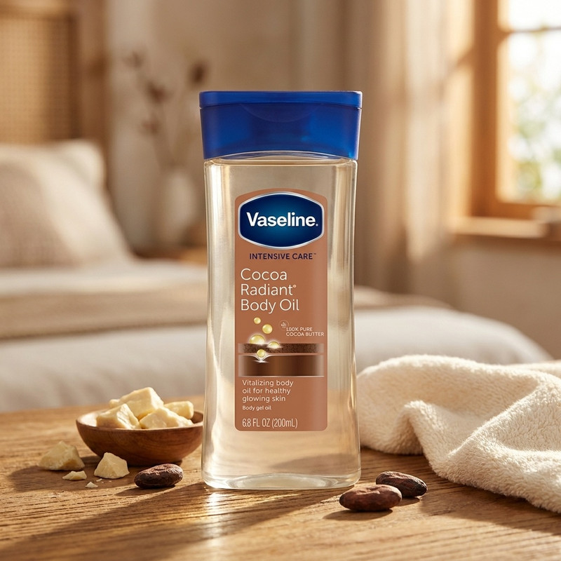 لوسیون بدن وازلین مدل Cocoa Body Oil حجم 200 میلیلیتر، حاوی ویتامین E و عصاره کره کاکائو، مناسب پوست خشک و حساس
