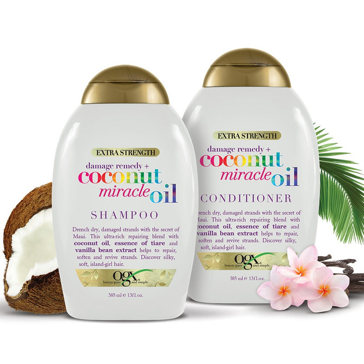 شامپو مو او جی ایکس مدل Coconut Miracle Oil حجم 385 میلیلیتر، نرمکننده، تقویتکننده، ترمیمکننده، درخشانکننده، آبرسان، فاقد پارابن و سولفات، مناسب موهای ضخیم، فر و آسیبدیده